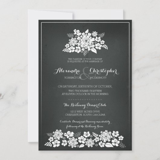Chalkboard White Flowers Vintage Wedding Kaart (Voorkant)
