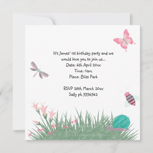 CHALKBOARD WHITE WOODLAND BUG BUTTERFLIES BIRTHDAY KAART (Achterkant)