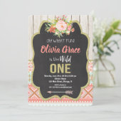 Chalkboard wild één 1e verjaardagsuitnodiging meis kaart (Staand voorkant)