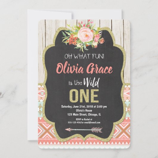 Chalkboard wild één 1e verjaardagsuitnodiging meis kaart (Voorkant)