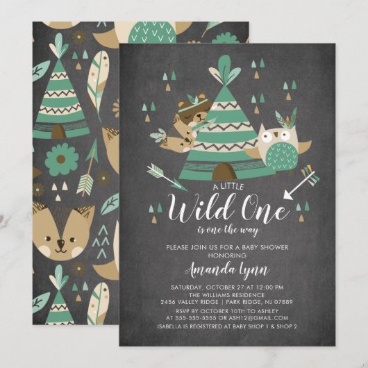 Chalkboard Wild One Baby shower Invitation Kaart (Voorkant / Achterkant)