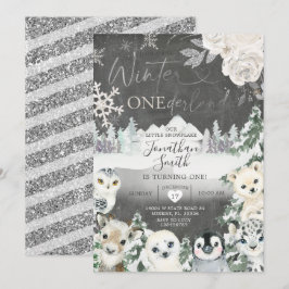 Chalkboard Winter Animal Onederland Birthday Kaart