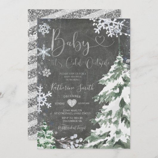 Chalkboard Winter Koud Baby shower Silver Kaart (Voorkant / Achterkant)
