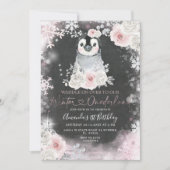 Chalkboard Winter Penguin Pink Flowers Birthday Kaart (Voorkant)