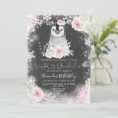 Chalkboard Winter Penguin Pink Flowers Birthday Kaart (Staand voorkant)