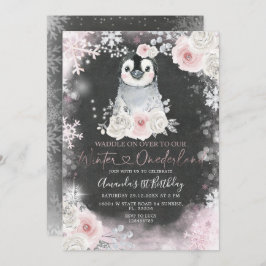 Chalkboard Winter Penguin Pink Flowers Birthday Kaart