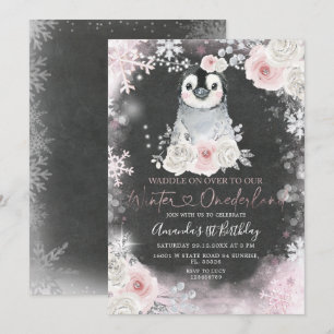Chalkboard Winter Penguin Pink Flowers Birthday Kaart