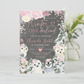 Chalkboard Winter Pink Animal Onederland Birthday Kaart (Staand voorkant)