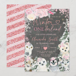 Chalkboard Winter Pink Animal Onederland Birthday Kaart