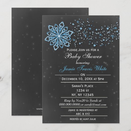 Chalkboard Winter Snow blue Baby shower Invitation Kaart (Voorkant / Achterkant)
