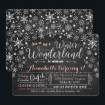 Chalkboard Winter Wonderland Verjaardag Uitnodigin Kaart<br><div class="desc">Kondig het verjaardagsfeest van uw kind aan met deze Chalkboard sneeuwvlok uitnodigingen in roze,  wit en zilver glitter effect. * De glitter is een stijl effect,  geen echte glitter wordt gebruikt bij het maken van dit ontwerp. Design zijn allemaal © Party Sparkle Design</div>