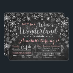 Chalkboard Winter Wonderland Verjaardag Uitnodigin Kaart<br><div class="desc">Kondig het verjaardagsfeest van uw kind aan met deze Chalkboard sneeuwvlok uitnodigingen in roze,  wit en zilver glitter effect. * De glitter is een stijl effect,  geen echte glitter wordt gebruikt bij het maken van dit ontwerp. Design zijn allemaal © Party Sparkle Design</div>