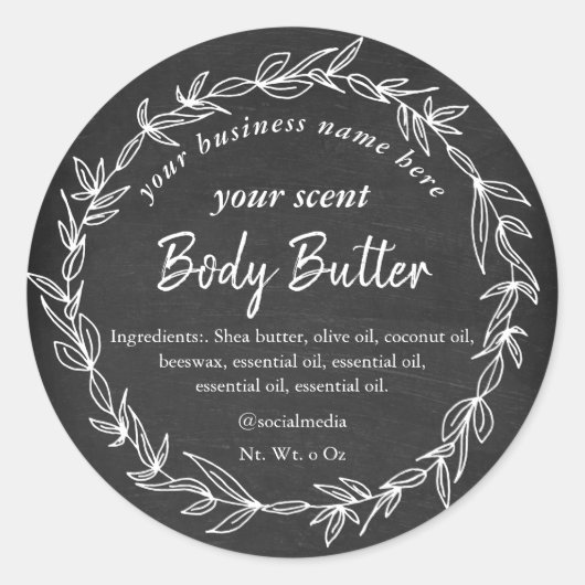 Chalkboard witte rustieke krans body boter ronde sticker (Voorkant)