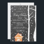 Chalkboard wonderland rustieke winter baby shower kaart<br><div class="desc">Rustieke landelijke stijl baby shower winter chic elegante uitnodiging sjabloon met een peperkoek huis, vallende sneeuw en berkenbomen wonderland landschap op donkergrijze houtskool krijtbord achtergrond. Vul uw informatie in de spots in, U kunt ervoor kiezen om het verder aan te passen door lettertypen en kleuren van belettering te veranderen. ----...</div>