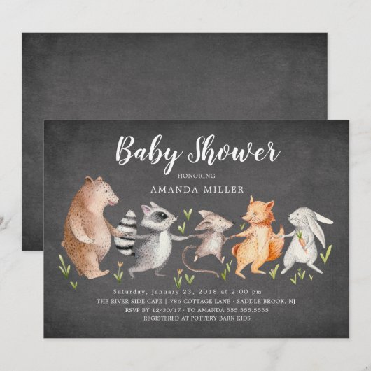 Chalkboard Woodland Animals Baby shower Invitation Kaart (Voorkant / Achterkant)