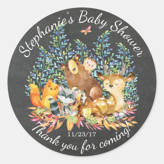 Chalkboard Woodland Baby shower Favor Sticker (Voorkant)