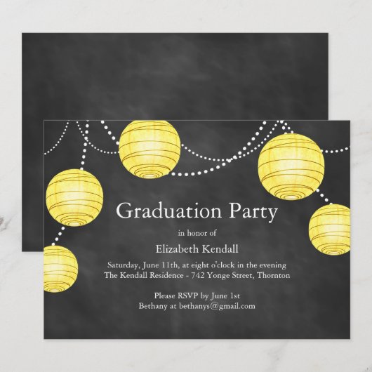 Chalkboard & Yellow Lanterns Afstuderen Uitnodigin Kaart (Voorkant / Achterkant)