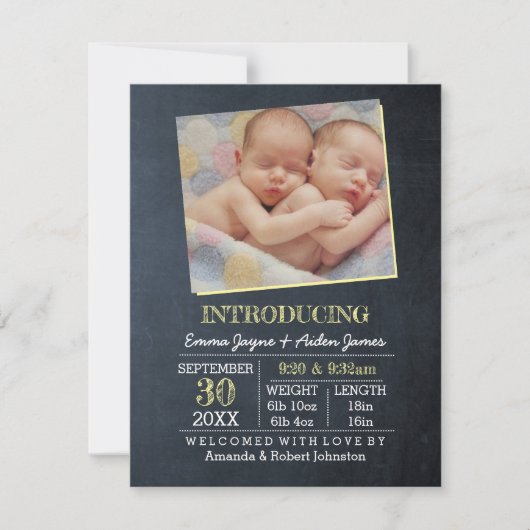 Chalkboard Yellow Twins Photo Birth Announounement Aankondiging (Voorkant)