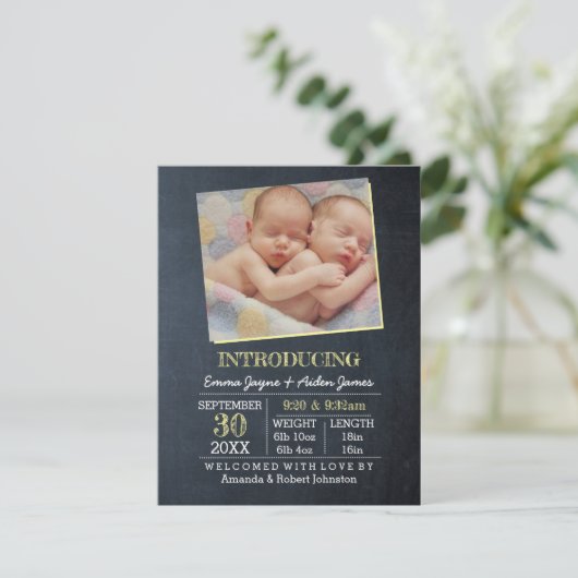 Chalkboard Yellow Twins Photo Birth Announounement Aankondiging (Staand voorkant)