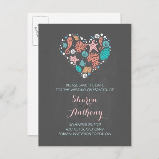 Chalkboard zee Heart Beach bruiloft Bewaar de datu Aankondigingskaart (Voorkant / Achterkant)
