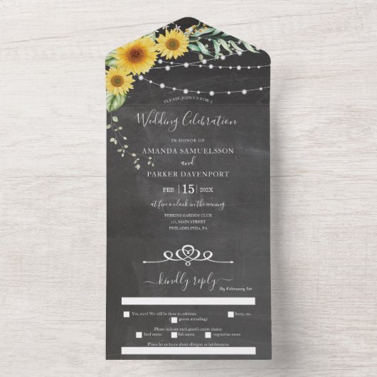 Chalkboard zonnebloemen all in one uitnodiging (Binnen)