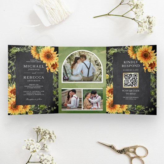 Chalkboard zonnebloemen FotoArch QR Code Weddensch Drieluik Uitnodiging