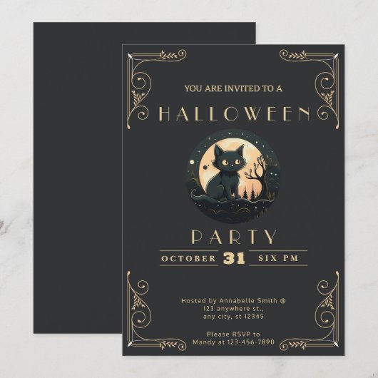 Chalkboard Zwart en Goud Zwart Kat Halloween Kaart (Voorkant / Achterkant)