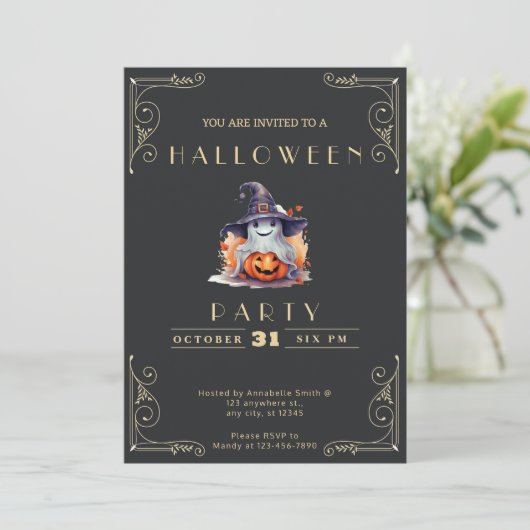 Chalkboard Zwart & Goud Ghost Witch Pet Halloween Kaart (Staand voorkant)