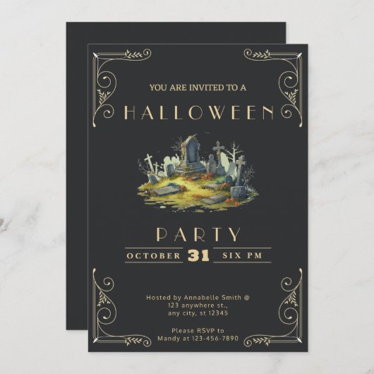 Chalkboard Zwart & Goud Graveyard Halloween Kaart (Voorkant / Achterkant)