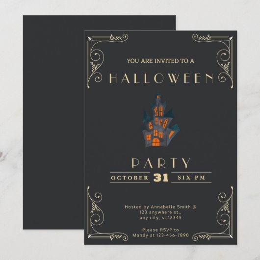 Chalkboard Zwart & Goud Haunted House Halloween Kaart (Voorkant / Achterkant)