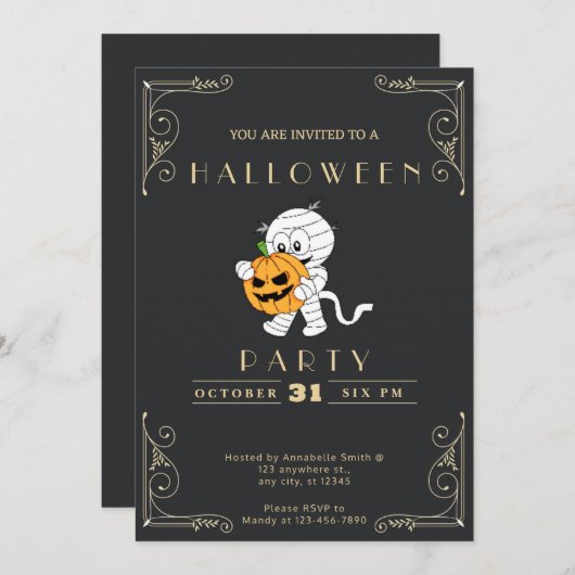 Chalkboard Zwart & Goud Mummy & Pompoen Halloween Kaart (Voorkant / Achterkant)