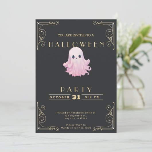 Chalkboard Zwart & Goud Roze Ghost Halloween Kaart (Staand voorkant)