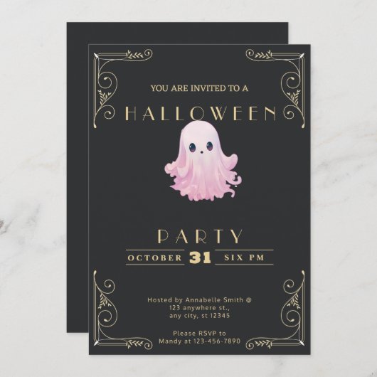 Chalkboard Zwart & Goud Roze Ghost Halloween Kaart (Voorkant / Achterkant)