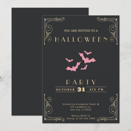 Chalkboard Zwart & Goud Roze Vleermuizen Halloween Kaart (Voorkant / Achterkant)