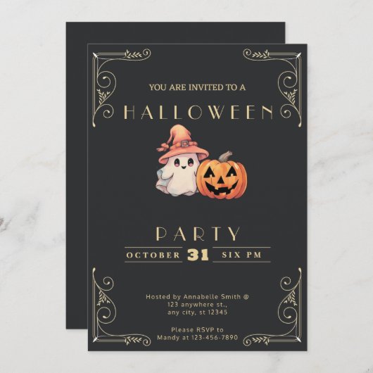 Chalkboard Zwart & Goud Schattige Ghost Halloween Kaart (Voorkant / Achterkant)