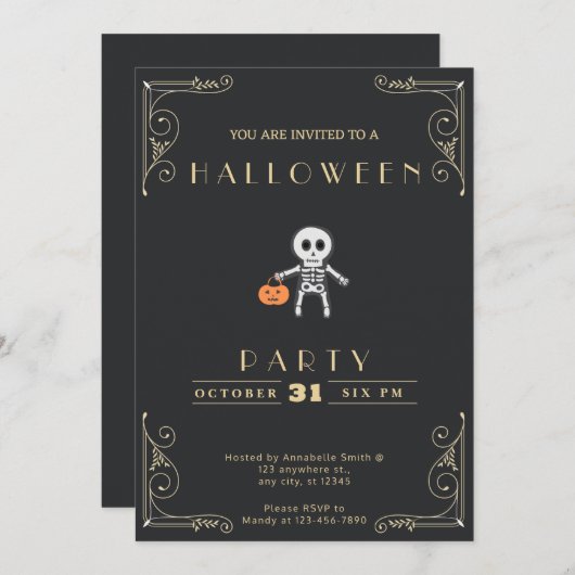 Chalkboard Zwart & Goud Skelet Kostuum Halloween Kaart (Voorkant / Achterkant)