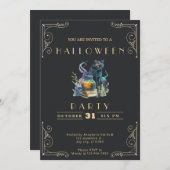 Chalkboard Zwart & Goud Zwart Kat Boeken Halloween Kaart (Voorkant / Achterkant)