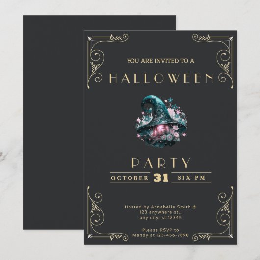 Chalkboard Zwart & Gouden Heksen Pet Halloween Kaart (Voorkant / Achterkant)