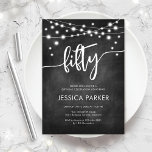 Chalkboard Zwart Wit 50ste verjaardagsfeestje Kaart<br><div class="desc">50ste verjaardag feestuitnodiging. Elegant zwart-wit ontwerp met krijtbordpatroon. Classy moderne uitnodigingskaart met feeërieke snaarlampen en scriptlettertype. Perfect voor een stijlvolle vijftigste dagviering. Personaliseer met je eigen gegevens. Kan voor om het even welke leeftijd worden aangepast! Gedrukte Zazzle-uitnodigingen of direct download digitale afdrukbare sjabloon.</div>