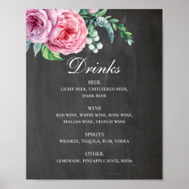 Chalkboardbruiloft drinken. Roze florale alcohol Poster