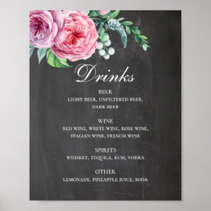 Chalkboardbruiloft drinken. Roze florale alcohol Poster