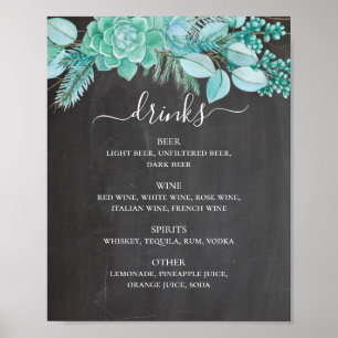 Chalkboardbruiloft drinken. Succulente minflorale Poster
