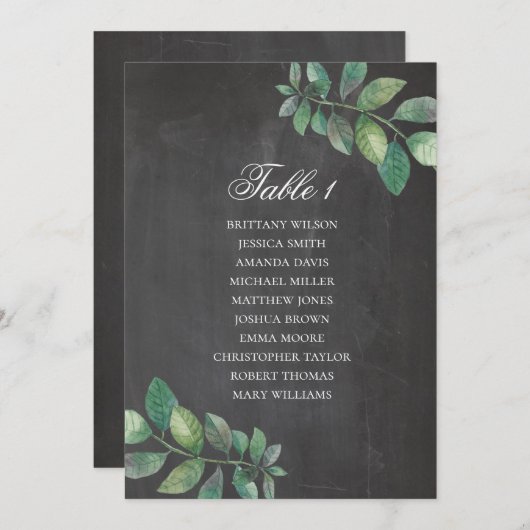 Chalkboardbruiloft-zittingsschema. Groene bladeren Kaart (Voorkant / Achterkant)