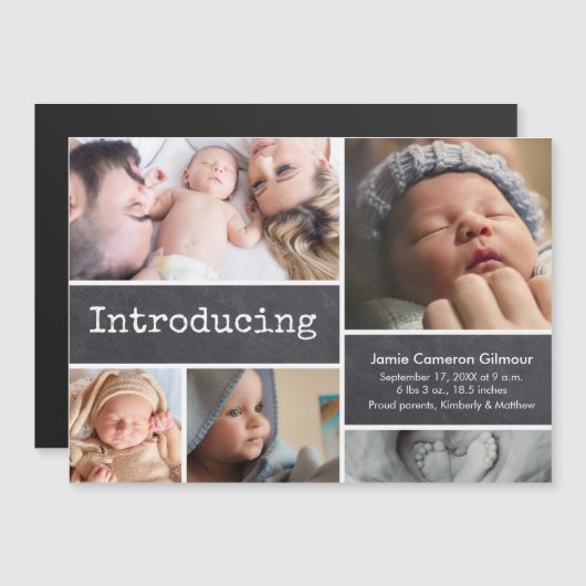 Chalkboardfotocollage Introductie babyjongen Magnetische Uitnodiging (Voorkant / Achterkant)