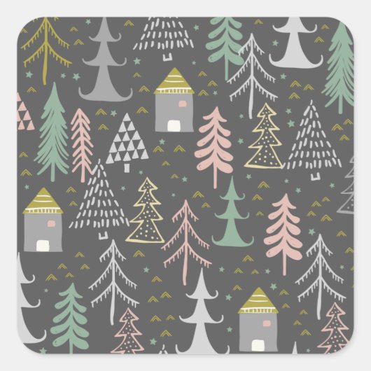 Chalkboardkerstbomen en kastelen Roze geel Vierkante Sticker (Voorkant)
