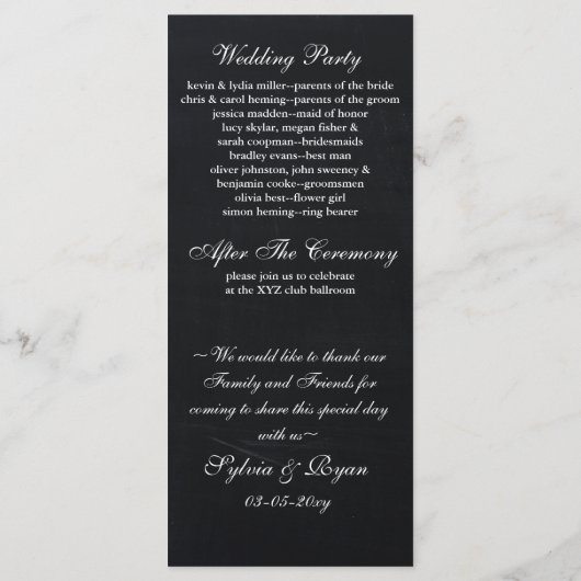 Chalkboardpauw-trouwprogramma's theelengte programmakaart (Achterkant)