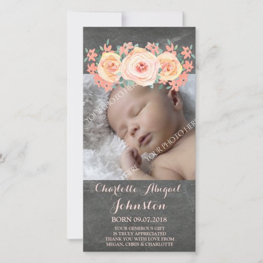 Chalkboardperbloemen Dank u Baby shower Bedankkaart (Voorkant)