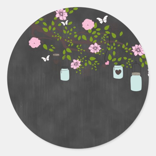 ChalkboardSticker met roze bloemen en Mason Jar Ronde Sticker (Voorkant)