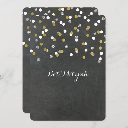 Chalkbord Silver Confetti Bat Mitzvah Kaart (Voorkant / Achterkant)