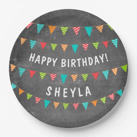 Chalkoard Bunting Flag Name Birthday Party Papieren Bordje (Voorkant)